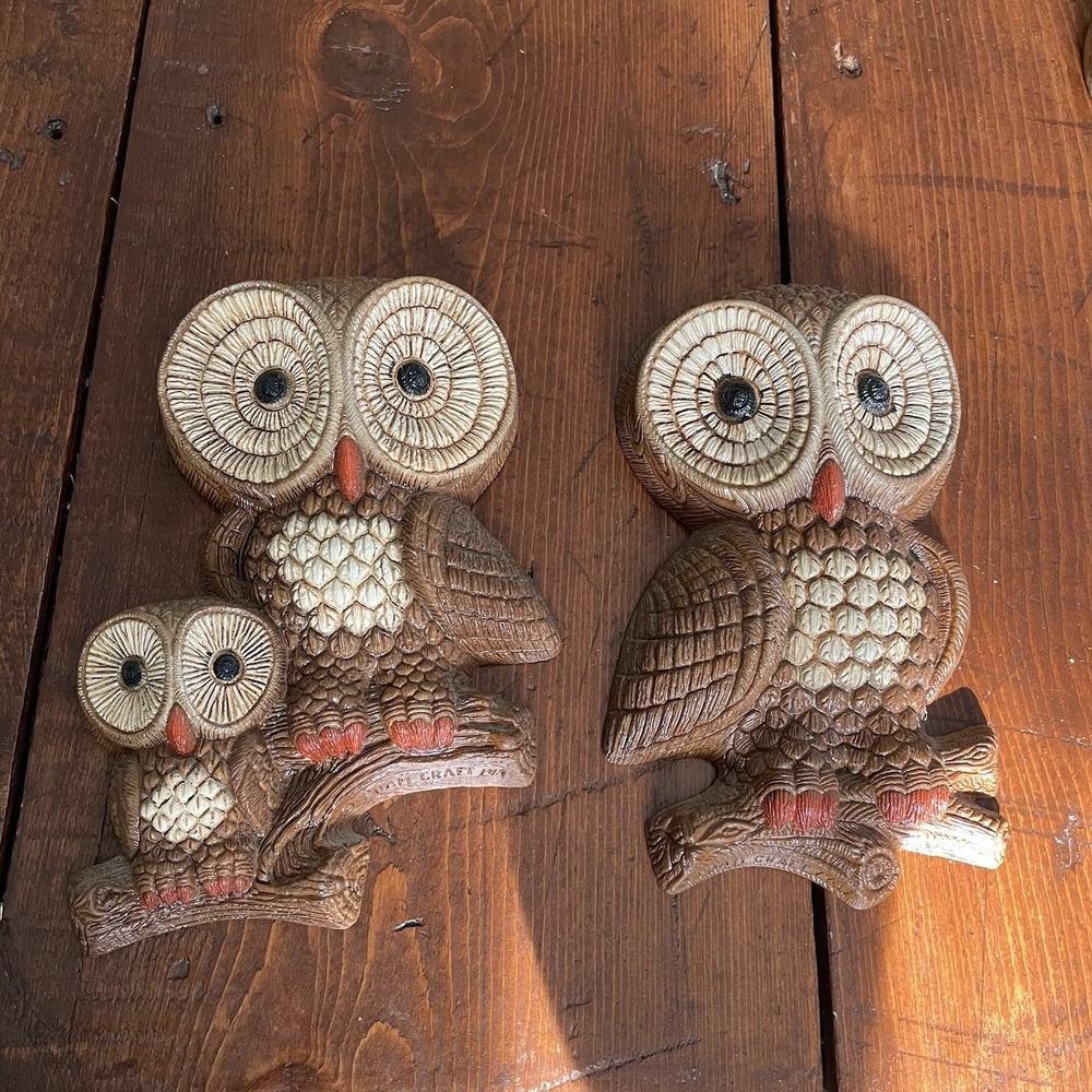 Vintage 1981 Foam Craft Owl Family Wall Hanging Plaques  MCM Set Of 2